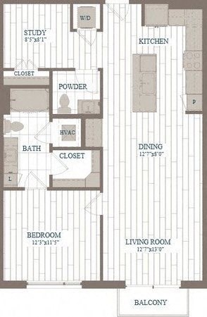 Floor plan for 1 bed, 1.5 baths, 948 sqft